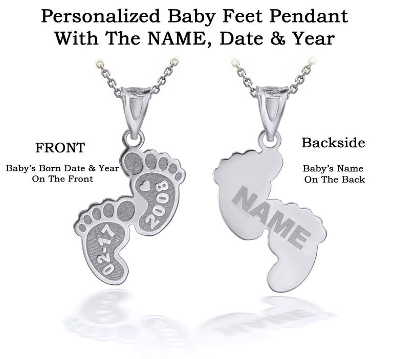 Personalized Engravable Baby Feet New Born With Name, Date & Year in Solid .925 Sterling Silver