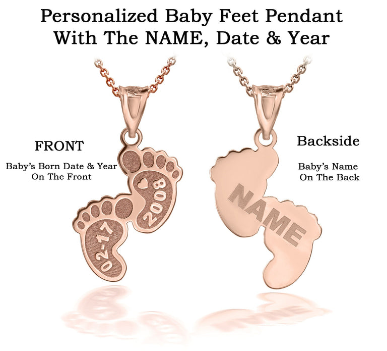 Personalized Engravable Baby Feet New Born With Name, Date & Year in Solid Yellow, White and Rose Gold