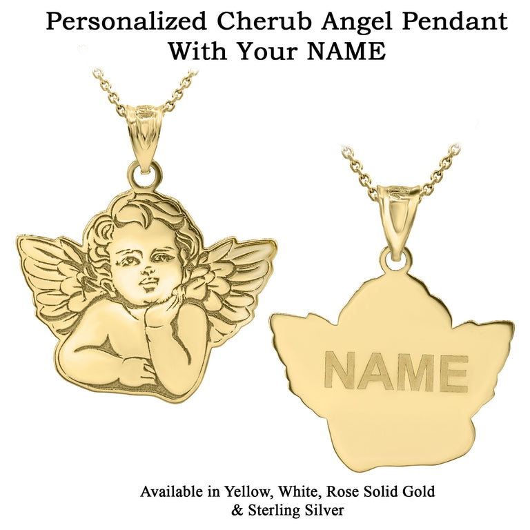 Personalized Engravable Cherub Cupid Guardian Angel Name Pendant Necklace With Your NAME in Solid Yellow, White and Rose Gold