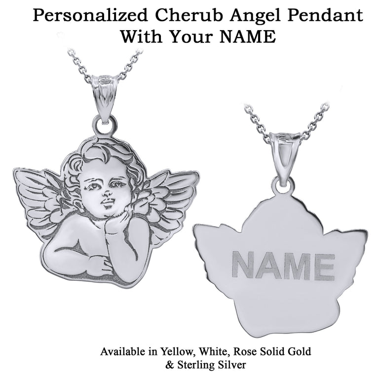 Personalized Engravable Cherub Cupid Guardian Angel Name Pendant Necklace With Your NAME in Solid .925 Sterling Silver