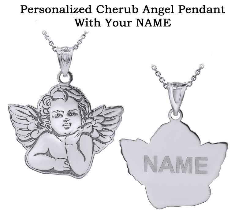 Personalized Engravable Cherub Cupid Guardian Angel Name Pendant Necklace With Your NAME in Solid .925 Sterling Silver