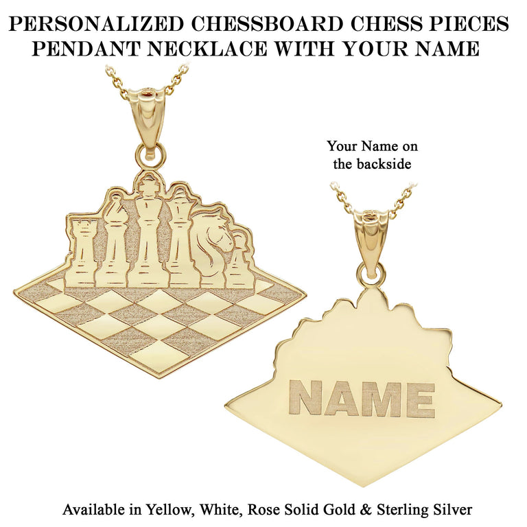 Personalized Engravable Checkerboard Chess Pieces Necklace Pendant with Your Name in Solid Yellow, White and Rose Gold
