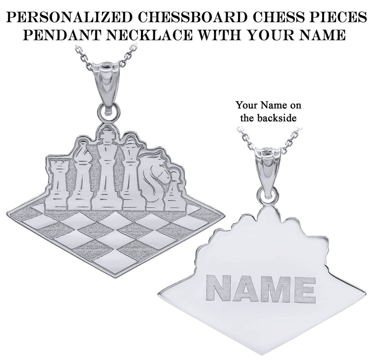 Personalized Engravable Checkerboard Chess Pieces Necklace Pendant with Your Name in Solid .925 Sterling Silver