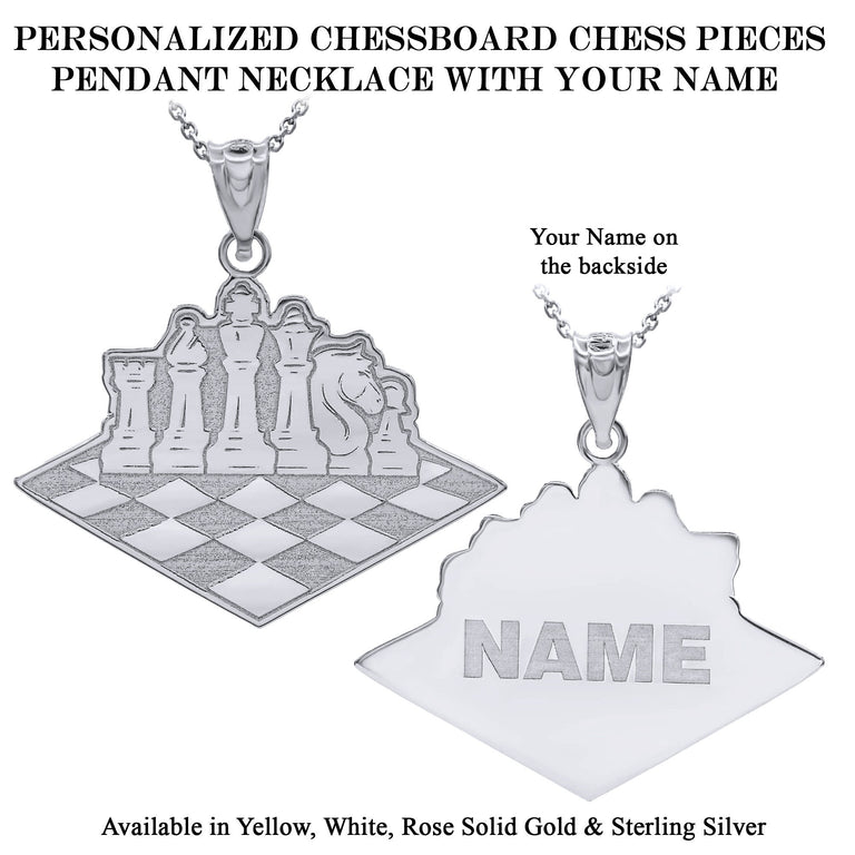 Personalized Engravable Checkerboard Chess Pieces Necklace Pendant with Your Name in Solid Yellow, White and Rose Gold