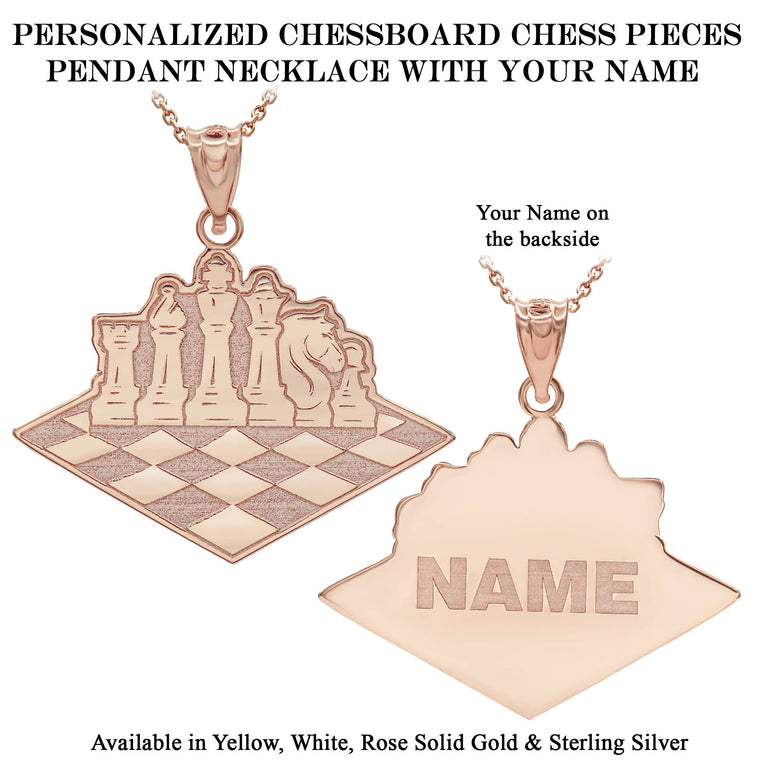 Personalized Engravable Checkerboard Chess Pieces Necklace Pendant with Your Name in Solid Yellow, White and Rose Gold