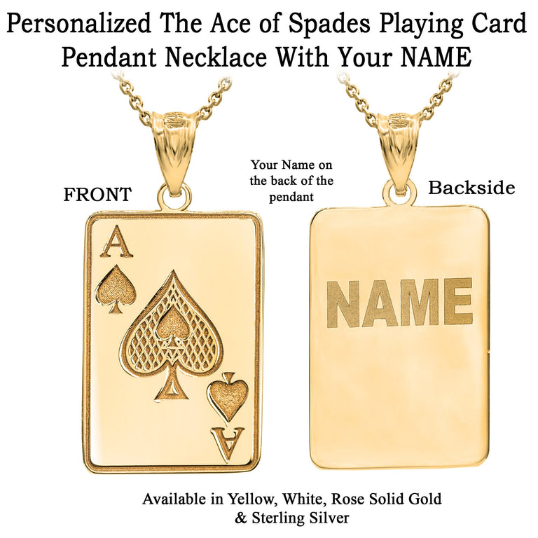 Personalized Engravable NAME Ace Of Spades Playing Card Lucky Charm With Your NAME in Solid Yellow, White and Rose Gold