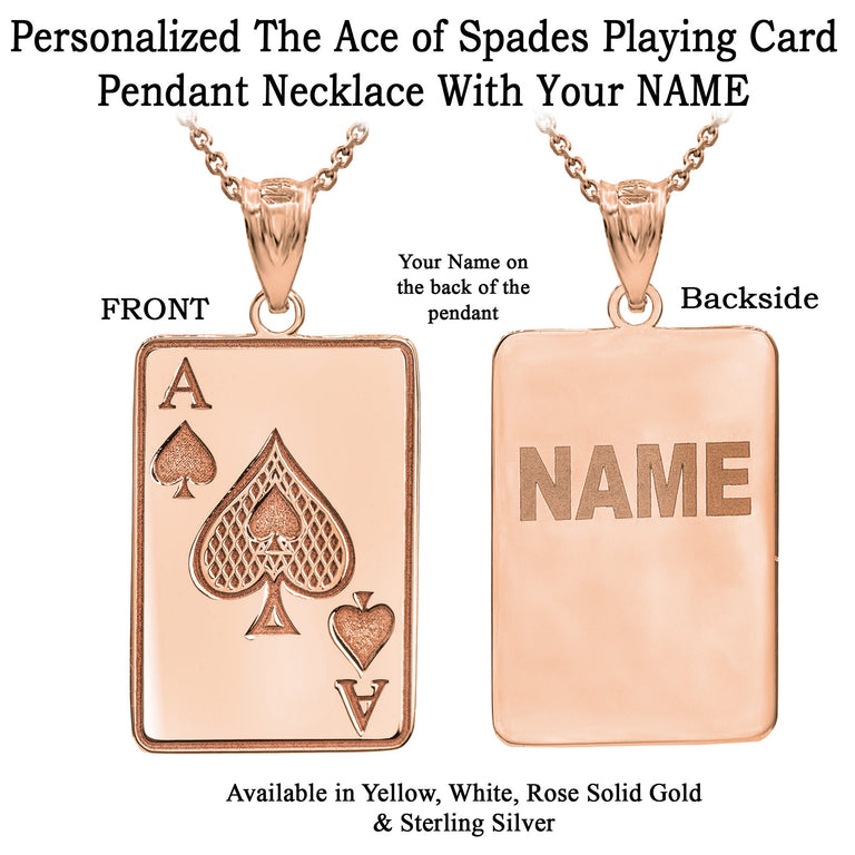 Personalized Engravable NAME Ace Of Spades Playing Card Lucky Charm With Your NAME in Solid Yellow, White and Rose Gold