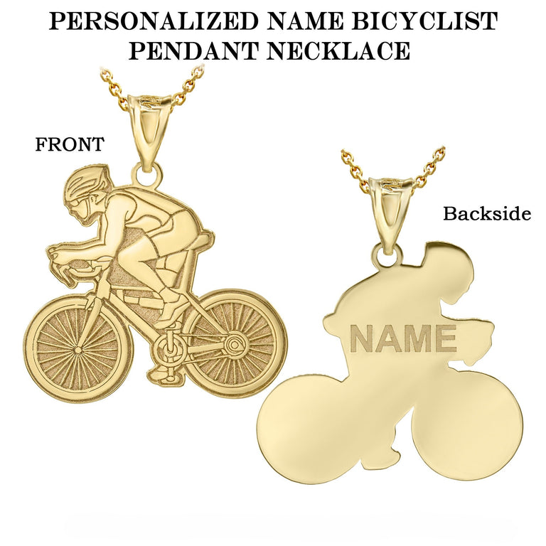 Personalized Engravable Cyclist Bike Sports Pendant Necklace with Your Name in Solid Yellow, White and Rose Gold