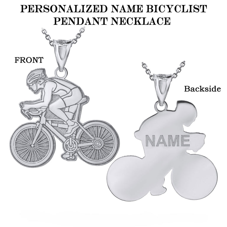 Personalized Engravable Cyclist Bike Sports Pendant Necklace with Your Name in Solid Yellow, White and Rose Gold