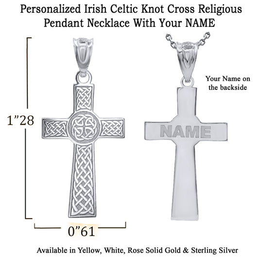 Personalized Irish Celtic Knot Religious Cross 1.28" Pendant Necklace with Your Name in Solid .925 Sterling Silver