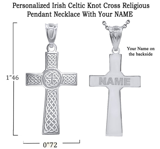 Irish Celtic Knot Cross Engravable Name 1.46" Pendant Necklace With Your NAME in Solid .925 Sterling Silver