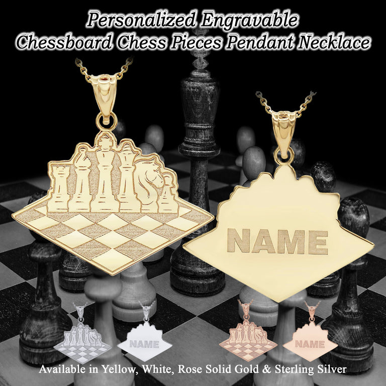 Personalized Engravable Checkerboard Chess Pieces Necklace Pendant with Your Name in Solid Yellow, White and Rose Gold