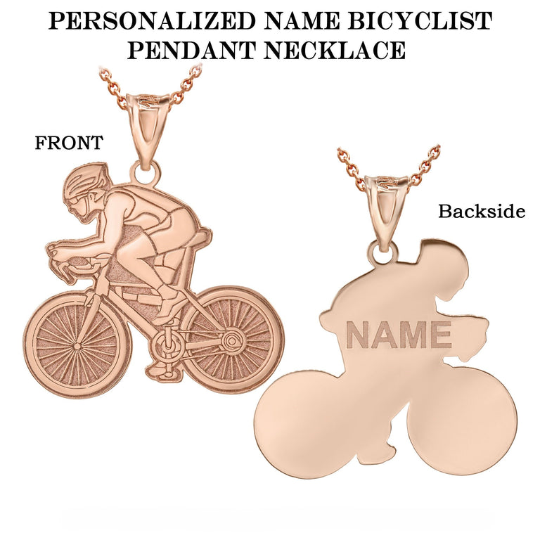 Personalized Engravable Cyclist Bike Sports Pendant Necklace with Your Name in Solid Yellow, White and Rose Gold