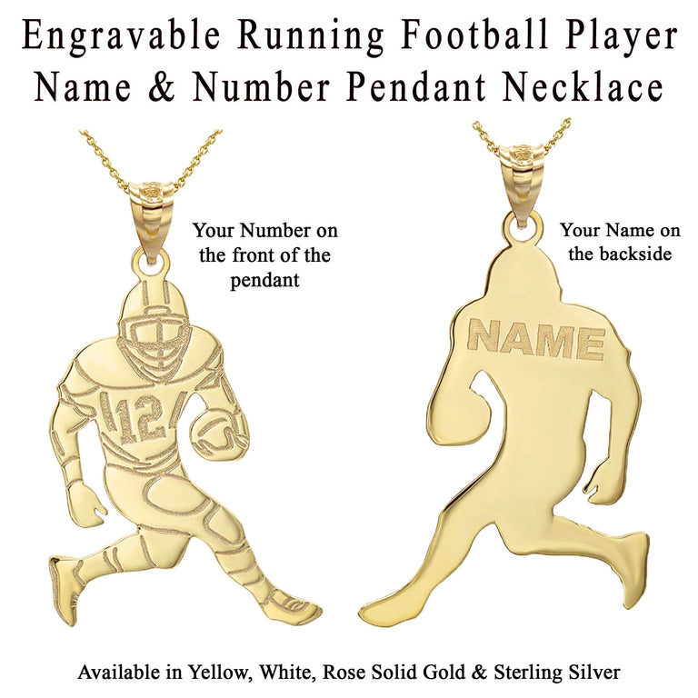 Personalized Engravable Name & Number Running Football Player Pendant Necklace in Solid Yellow, White and Rose Gold