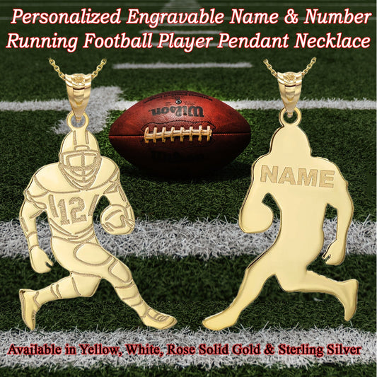 Personalized Engravable Name & Number Running Football Player Pendant Necklace in Solid Yellow, White and Rose Gold