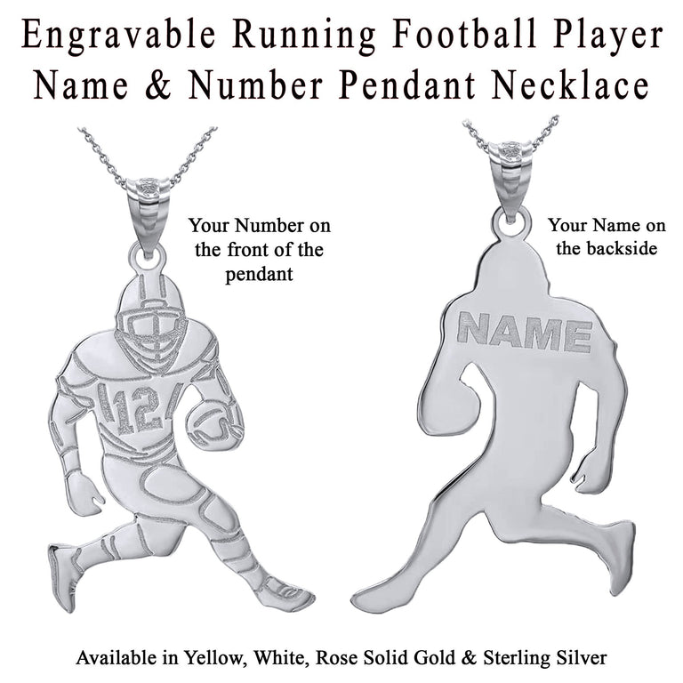Personalized Engravable Name & Number Running Football Player Pendant Necklace in Solid Yellow, White and Rose Gold