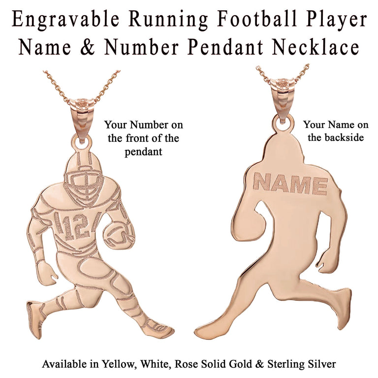 Personalized Engravable Name & Number Running Football Player Pendant Necklace in Solid Yellow, White and Rose Gold