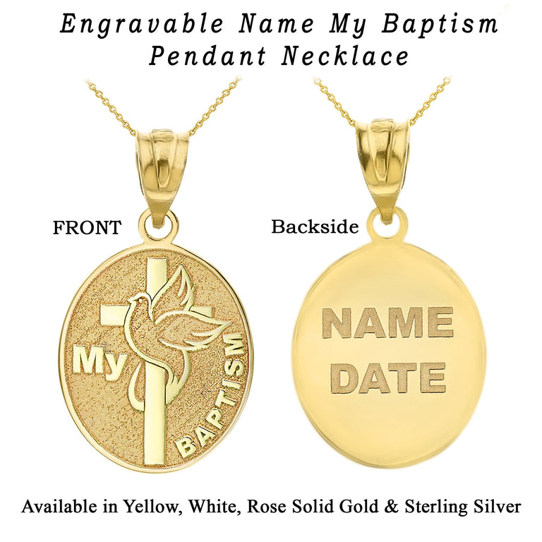 Engravable Personalized NAME My Baptism Dove Cross Catholic Necklace in Solid Yellow, White and Rose Gold