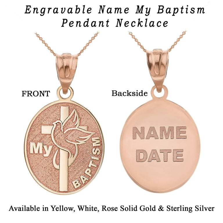 Engravable Personalized NAME My Baptism Dove Cross Catholic Necklace in Solid Yellow, White and Rose Gold