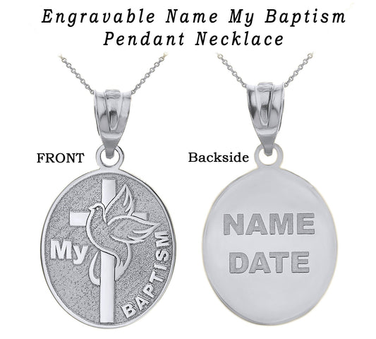 Engravable Personalized NAME My Baptism Dove Cross Catholic Necklace in Solid .925 Sterling Silver