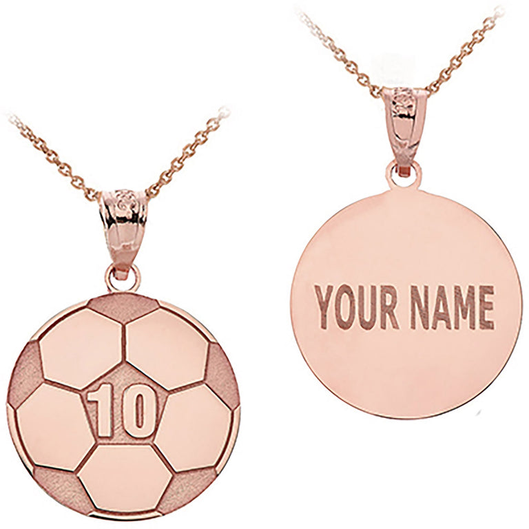 Personalized Engravable Soccer Ball Pendant Front/Back with Your Name & Number in Solid Yellow, White and Rose Gold