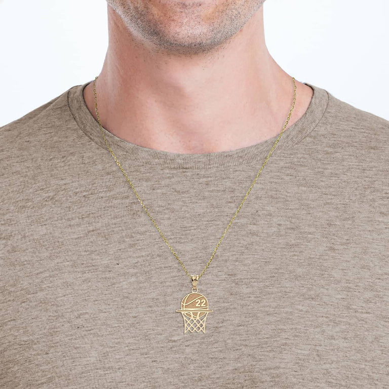 Personalized Engravable Basketball Hoop Pendant Front/Back With Your NAME & NUMBER in Solid Yellow, White and Rose Gold