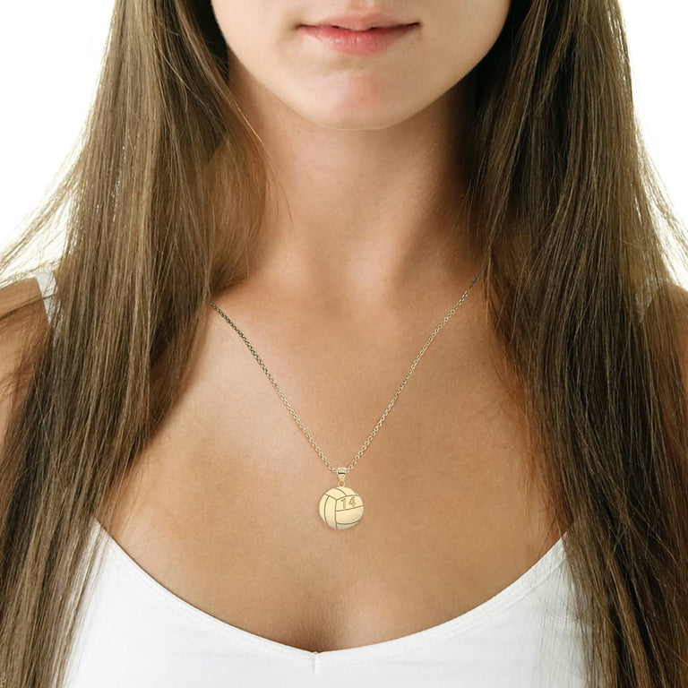 Personalized Name & Number Engravable Front/Back Volleyball Ball Pendant in Solid Yellow, White and Rose Gold