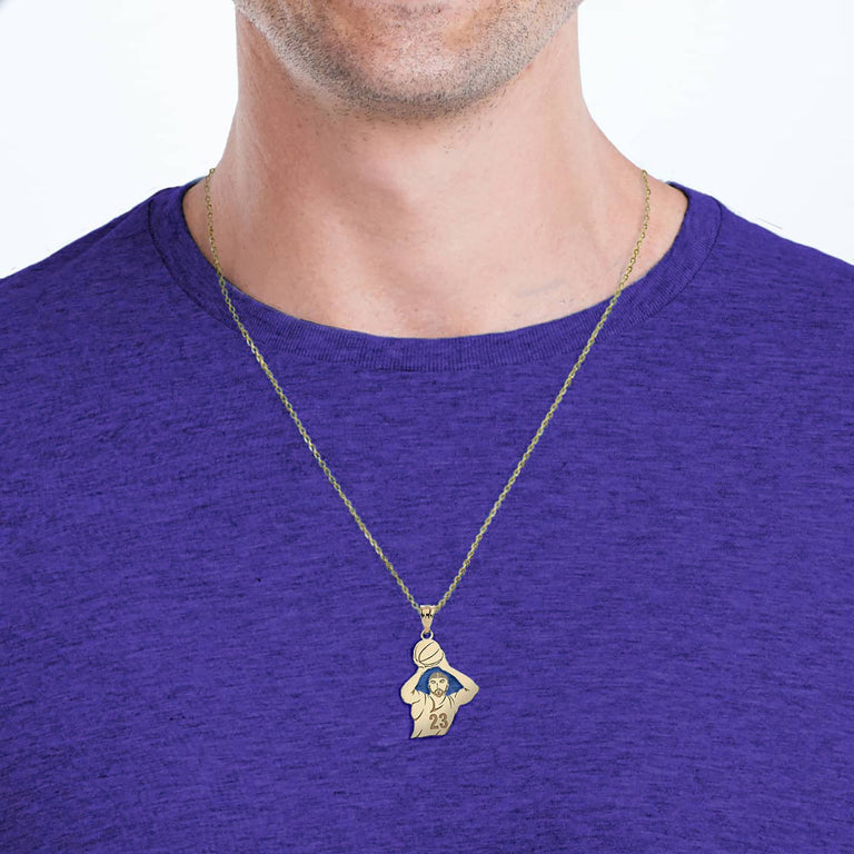 Personalized Engravable Name & Number Basketball Player Front and Back Pendant in Solid Yellow, White and Rose Gold