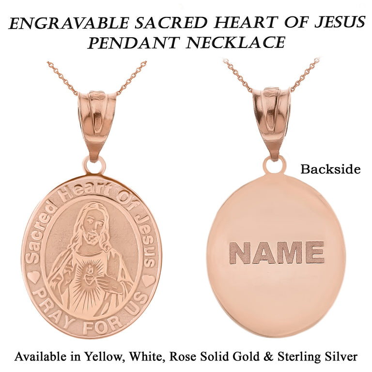 Engravable Sacred Heart Of Jesus Personalized Pendant Necklace With Your NAME in Solid Yellow, White and Rose Gold