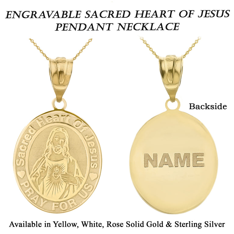 Engravable Sacred Heart Of Jesus Personalized Pendant Necklace With Your NAME in Solid Yellow, White and Rose Gold