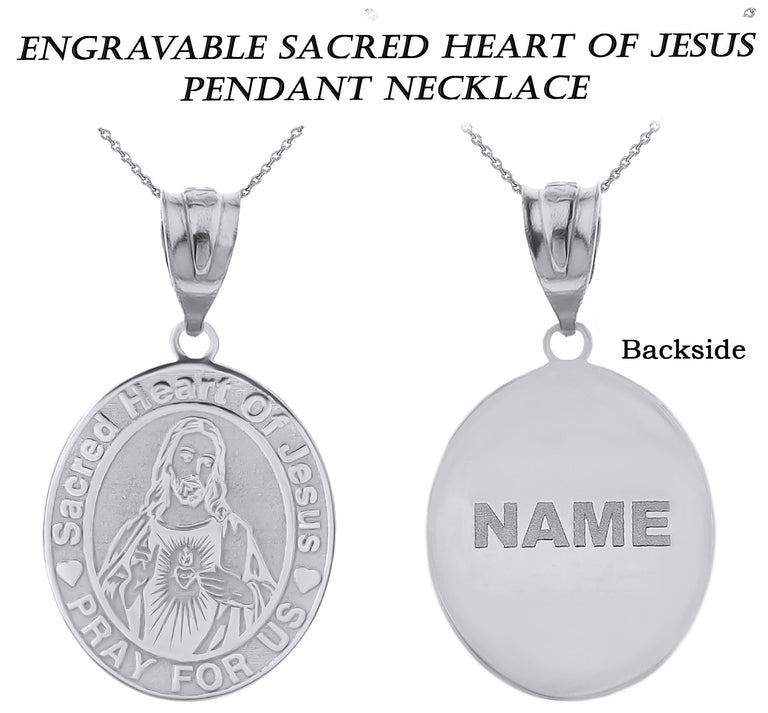 Engravable Sacred Heart Of Jesus Personalized Pendant Necklace With Your NAME in Solid .925 Sterling Silver