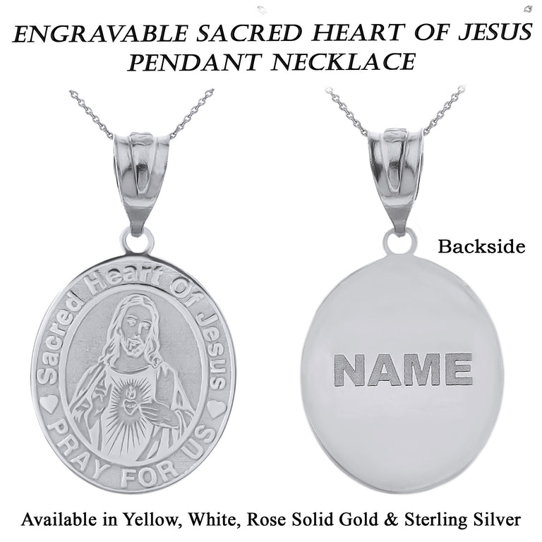 Engravable Sacred Heart Of Jesus Personalized Pendant Necklace With Your NAME in Solid Yellow, White and Rose Gold
