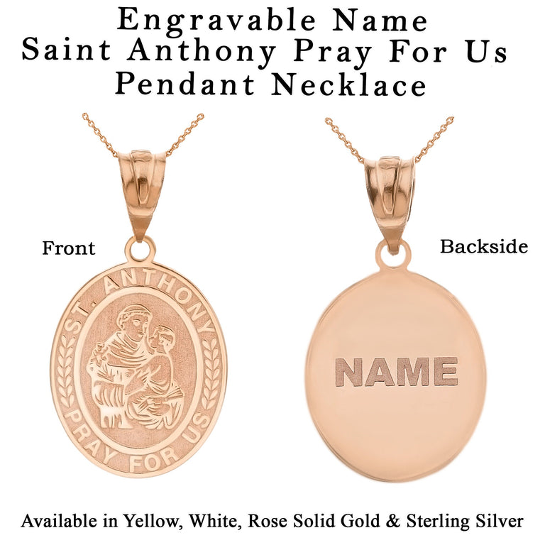 Engravable Saint Anthony Pray For Us Personalized NAME Necklace in Solid Yellow, White and Rose Gold