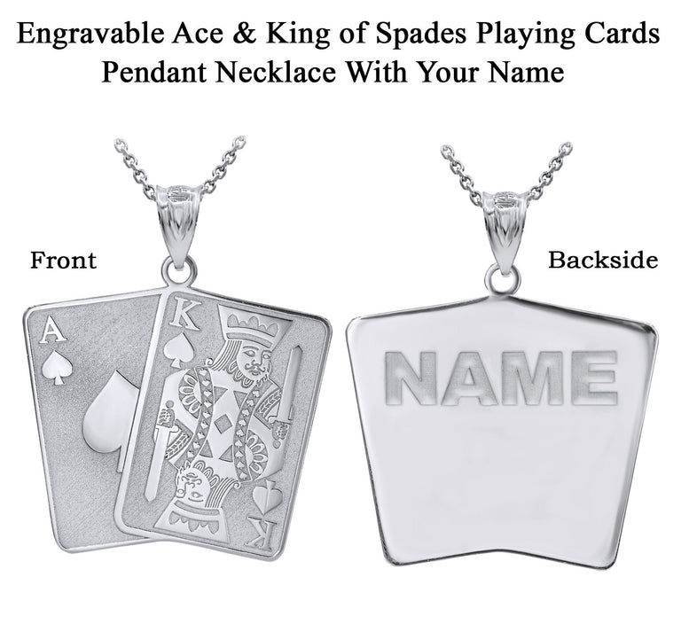 Personalize Engravable Ace and King Of Spades Poker Cards Pendant Necklace With Your NAME in Solid .925 Sterling Silver