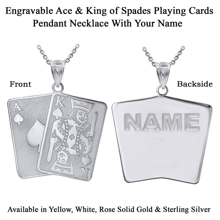 Personalize Engravable Ace and King Of Spades Poker Cards Pendant Necklace With Your NAME in Solid Yellow, White and Rose Gold