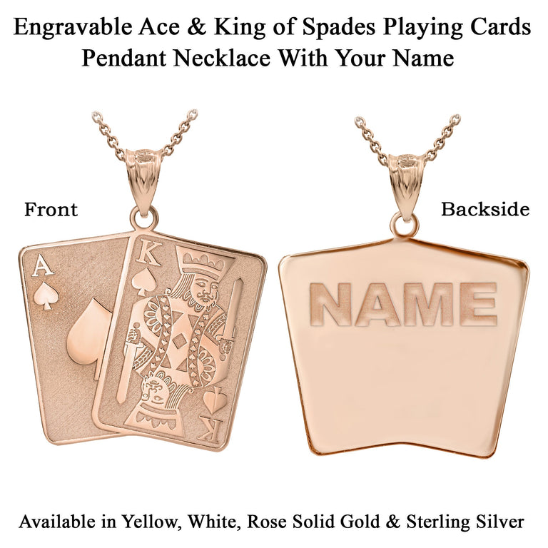 Personalize Engravable Ace and King Of Spades Poker Cards Pendant Necklace With Your NAME in Solid Yellow, White and Rose Gold