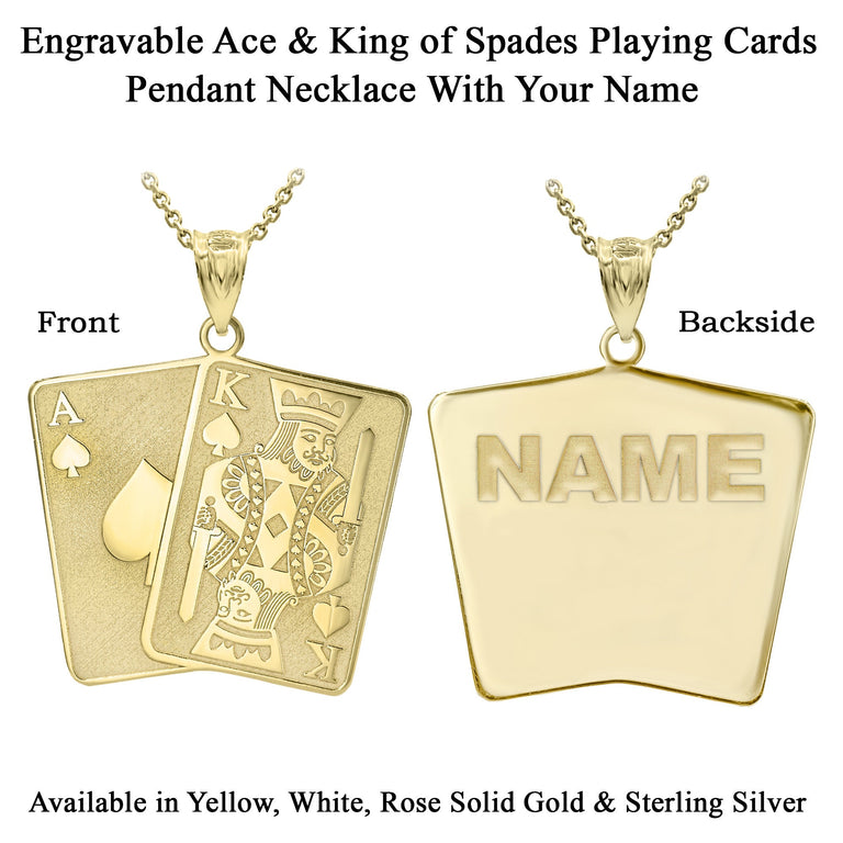 Personalize Engravable Ace and King Of Spades Poker Cards Pendant Necklace With Your NAME in Solid Yellow, White and Rose Gold