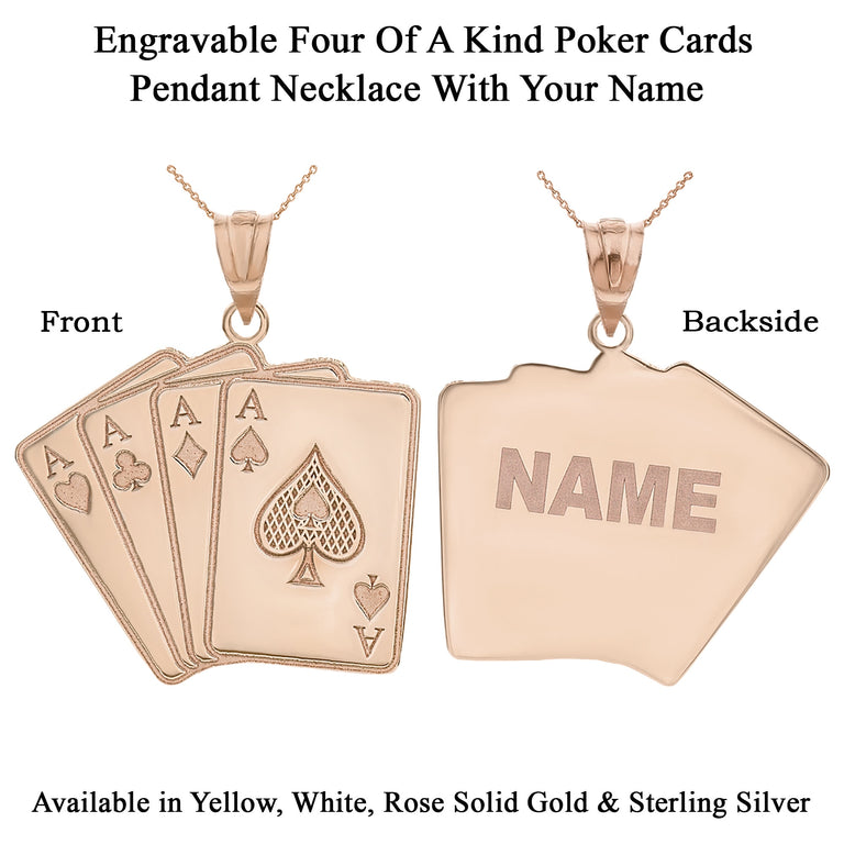 Personalize Ace Four Of A Kind Poker Hand Quads Pendant Necklace with Engravable Name in Solid Yellow, White and Rose Gold
