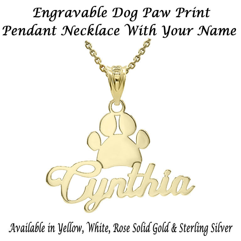Personalized Name Dog Paw Print Pendant Necklace in Solid Yellow, White and Rose Gold