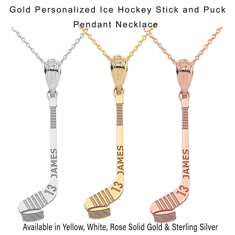 Personalized Engravable Gold Ice Hockey Stick and Puck Pendant with Your Name and Number in Solid Yellow, White and Rose Gold