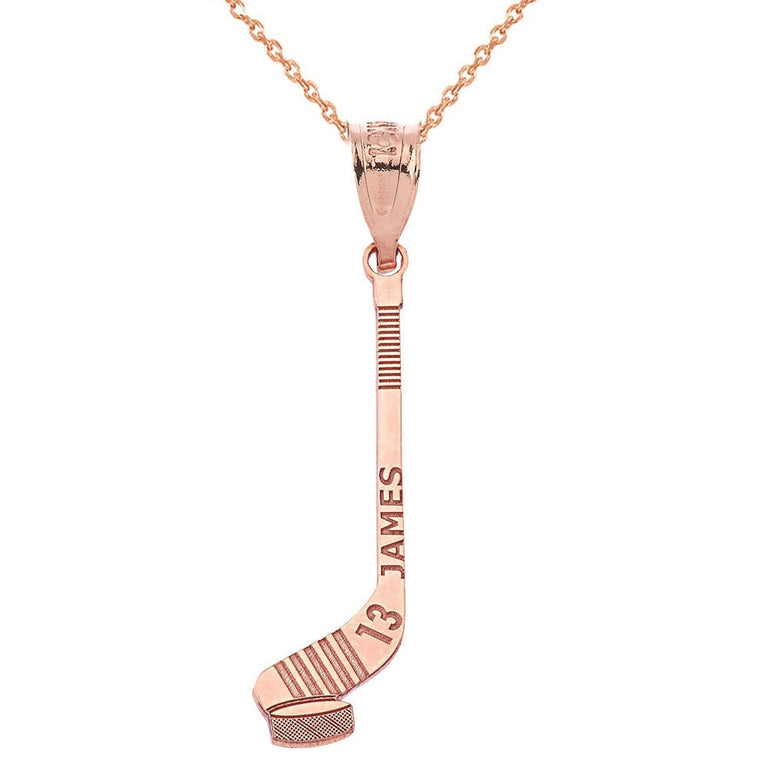 Personalized Engravable Gold Ice Hockey Stick and Puck Pendant with Your Name and Number in Solid Yellow, White and Rose Gold