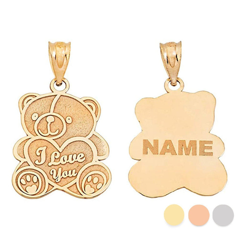 Personalized Engravable Name Heart I Love You Teddy Bear Charm Pendant Necklace Available in Solid Yellow, White and Rose Gold