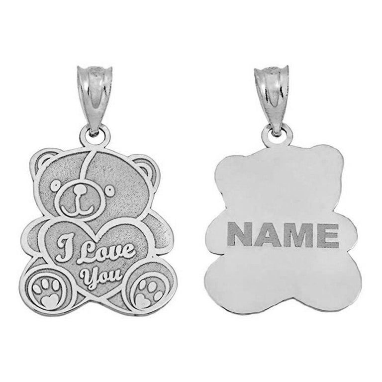 Personalized Engravable Name Heart I Love You Teddy Bear Charm Pendant Necklace Available in Solid Yellow, White and Rose Gold