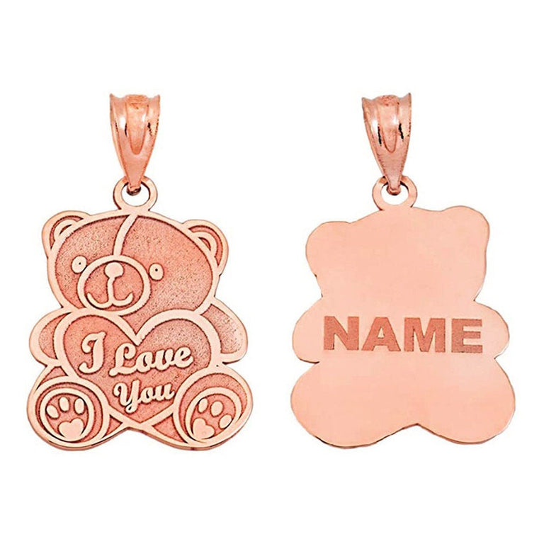 Personalized Engravable Name Heart I Love You Teddy Bear Charm Pendant Necklace Available in Solid Yellow, White and Rose Gold
