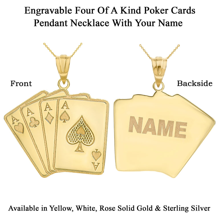 Personalize Ace Four Of A Kind Poker Hand Quads Pendant Necklace with Engravable Name in Solid Yellow, White and Rose Gold