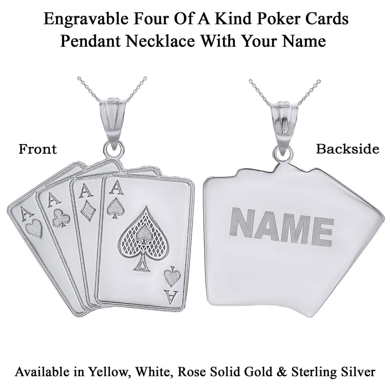 Personalize Ace Four Of A Kind Poker Hand Quads Pendant Necklace with Engravable Name in Solid Yellow, White and Rose Gold