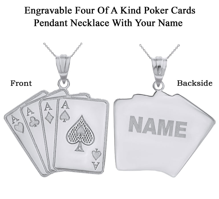 Personalize Ace Four Of A Kind Poker Hand Quads Pendant Necklace with Engravable Name in Solid .925 Sterling Silver