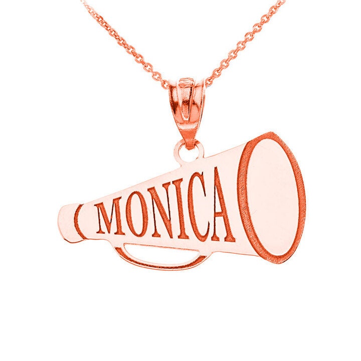 Personalized Engraveable Gold Cheerleader Megaphone Sports Charm Necklace With Your Name in Solid Yellow, White and Rose Gold