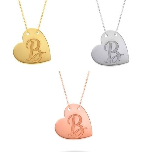 Personalized Script Initial Sideways Heart Engravable Necklace With Your NAME in Solid Yellow, White and Rose Gold