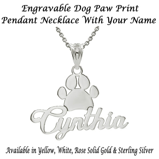 Personalized Name Dog Paw Print Pendant Necklace in Solid .925 Sterling Silver